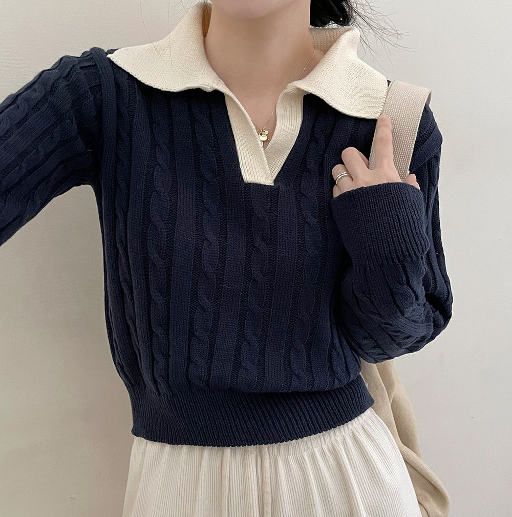🥀韓製翻領撞色麻花針織衫