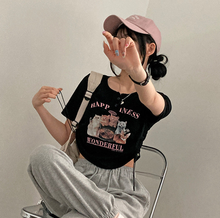 🐈Cat開鈕短袖抽繩T恤