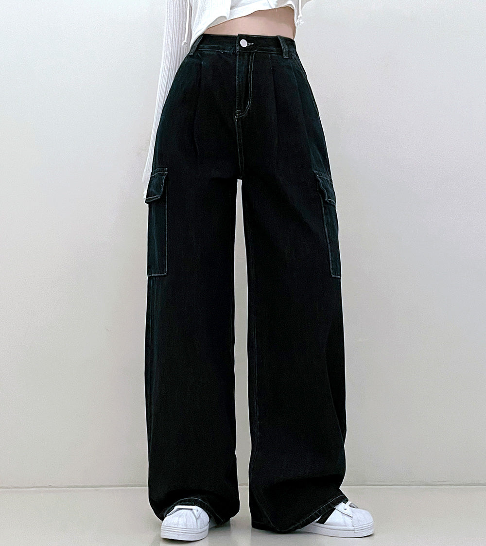 【特價❗️3種長度/內橡筋】原色明線闊腿工裝牛仔褲(S-2XL)
