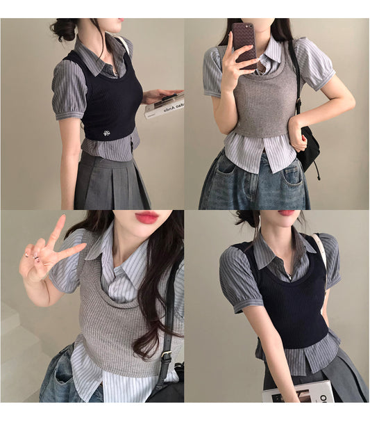 【現貨】懶人必備✨校服風刺繡背心連身短袖恤衫❤️