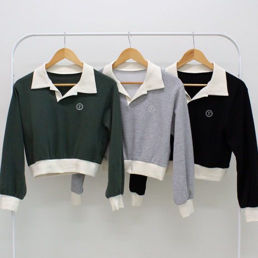 【現貨灰】🍓Y刺繡拼色開領短衛衣