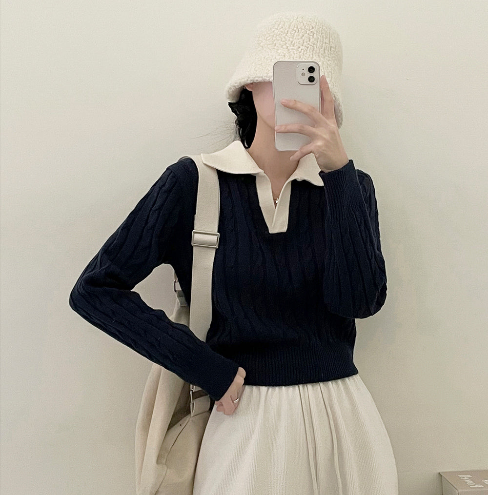 🥀韓製翻領撞色麻花針織衫