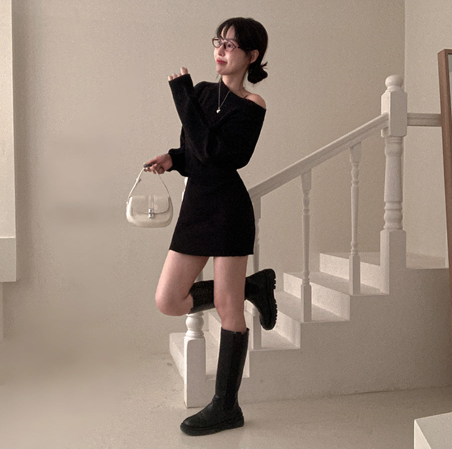 🍷露肩針織迷你連衣裙
