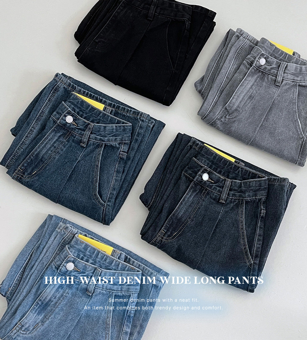【3種長度/內橡筋】水洗闊腿針褶牛仔褲(S-2XL)