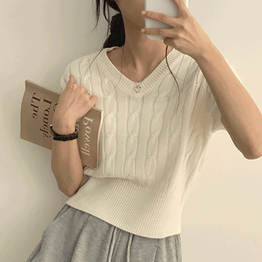 韓製🇰🇷V領麻花短袖針織衫