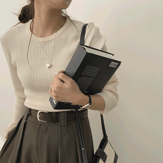 🧁圓領羅紋合身長袖針織衫