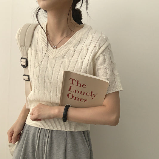 韓製🇰🇷V領麻花短袖針織衫