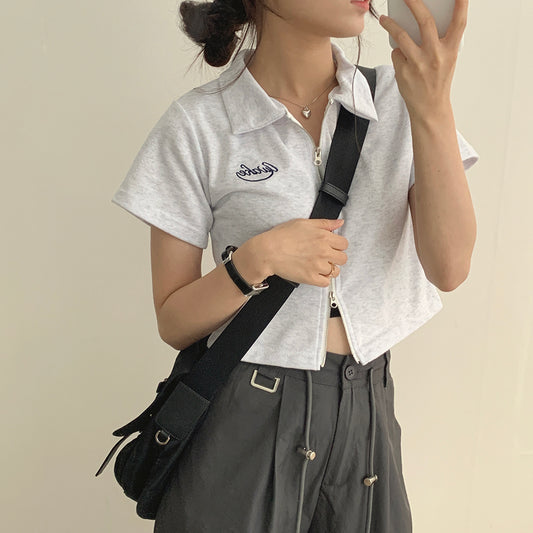 💗小刺繡雙向拉鍊短袖上衣