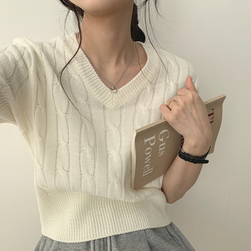 韓製🇰🇷V領麻花短袖針織衫