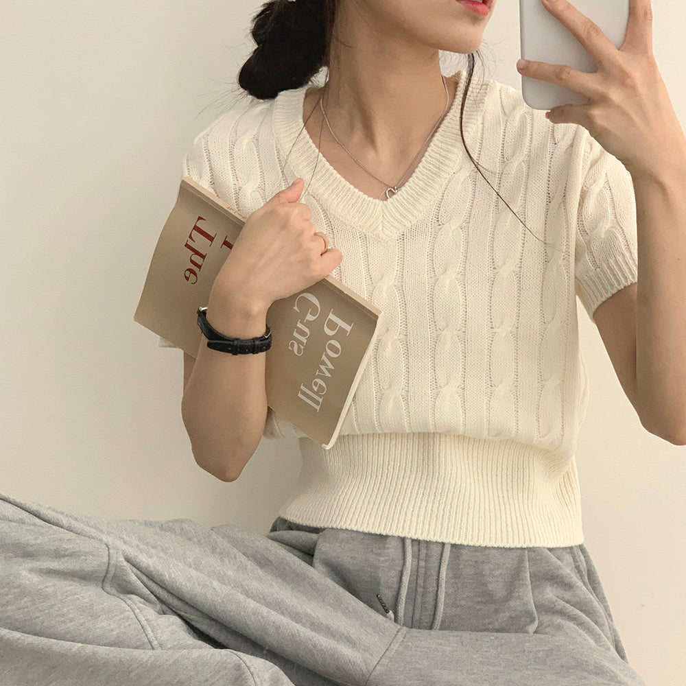 韓製🇰🇷V領麻花短袖針織衫