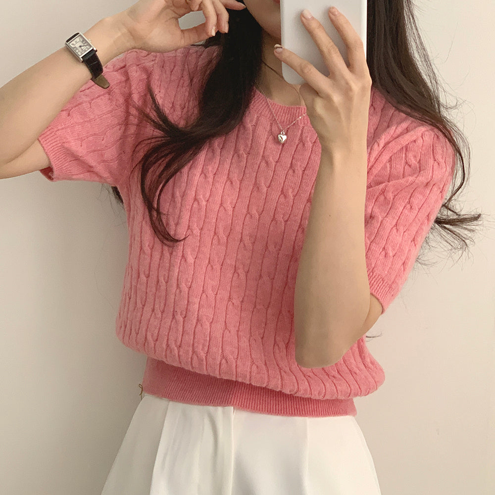 【現貨淺灰】🐑羊毛高質圓領麻花短袖針織衫