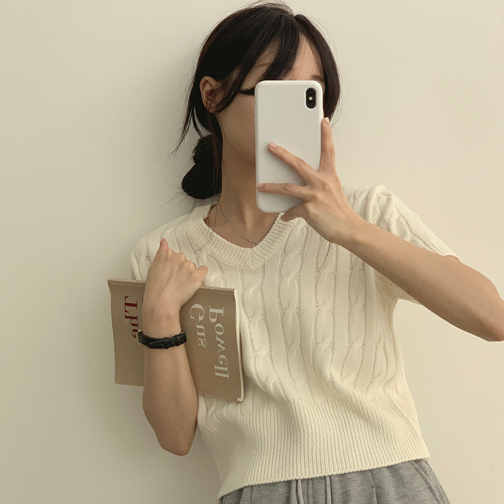 韓製🇰🇷V領麻花短袖針織衫