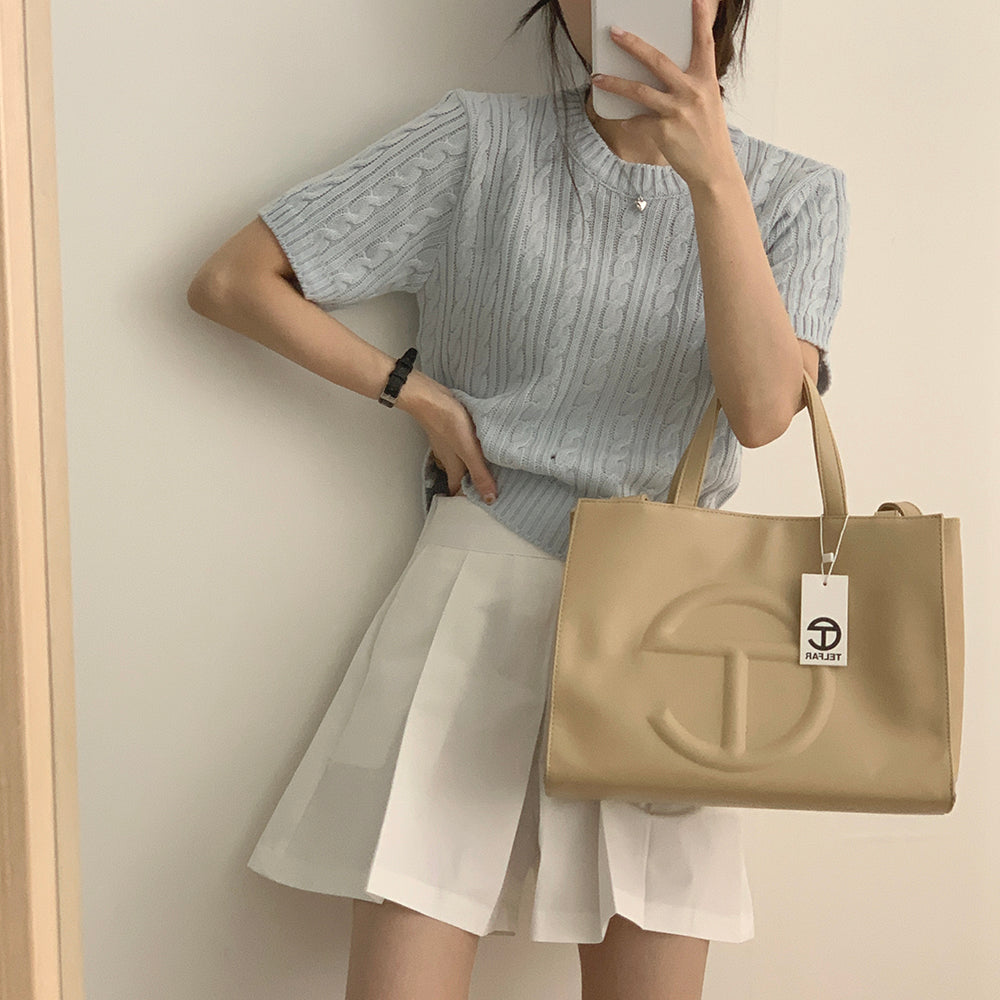 【現貨navy】韓製🇰🇷麻花圓領短袖針織衫
