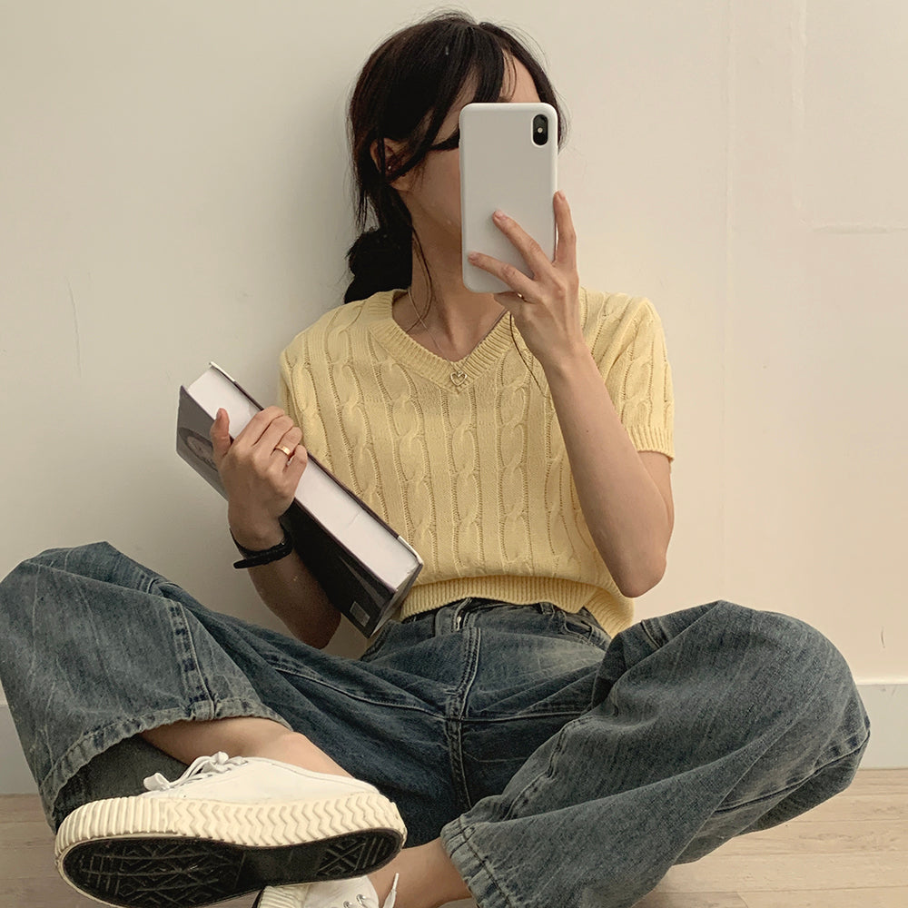 韓製🇰🇷V領麻花短袖針織衫