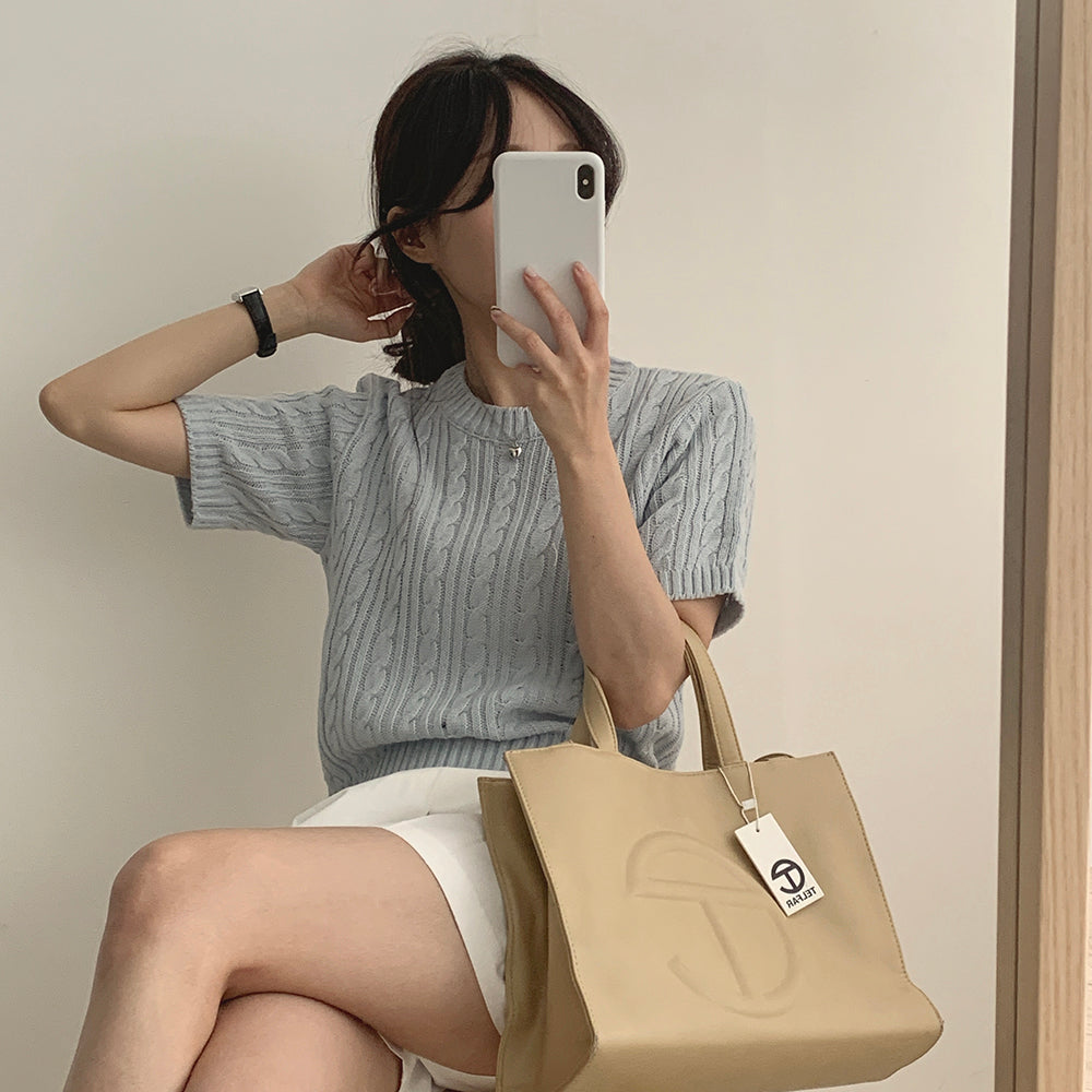 【現貨navy】韓製🇰🇷麻花圓領短袖針織衫