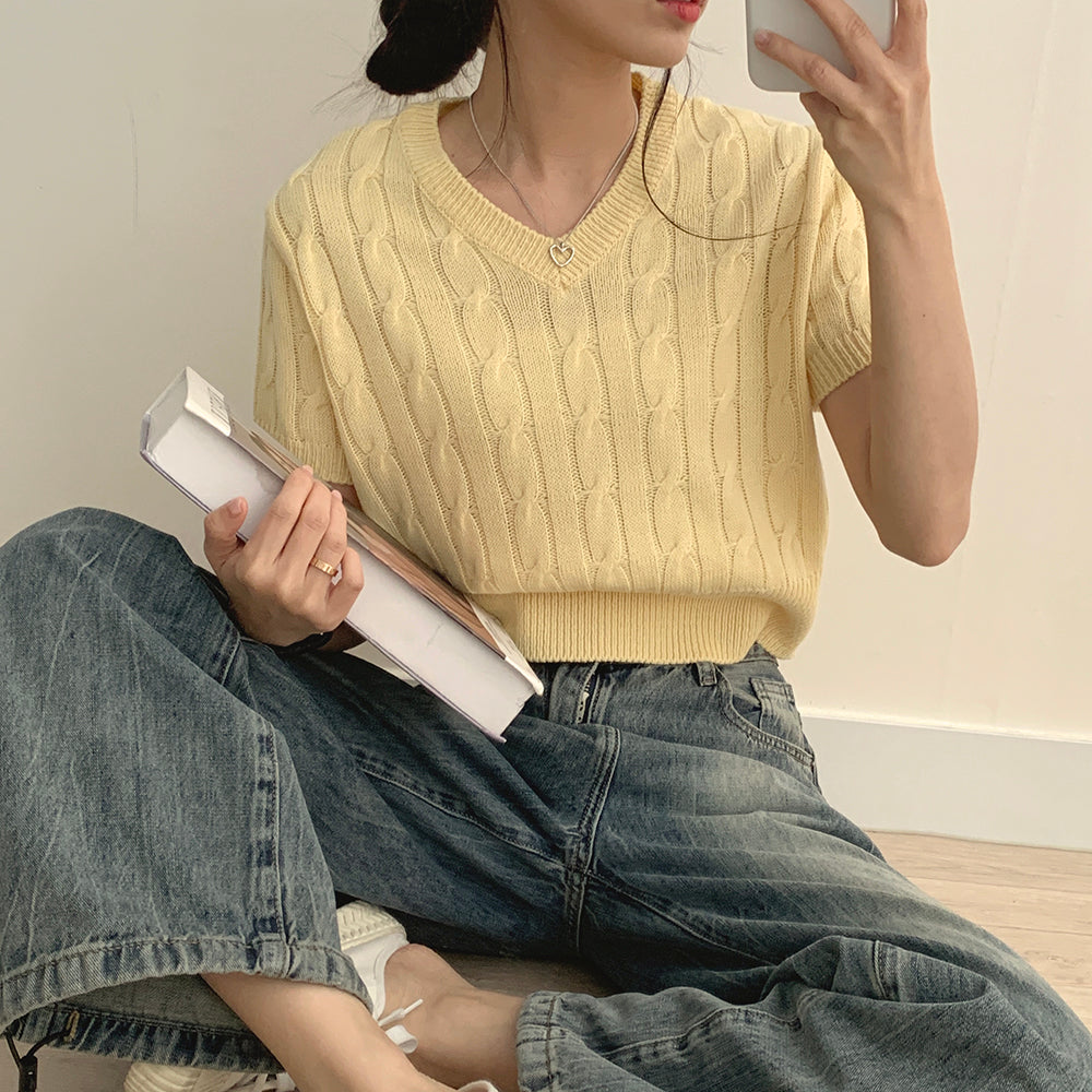 韓製🇰🇷V領麻花短袖針織衫