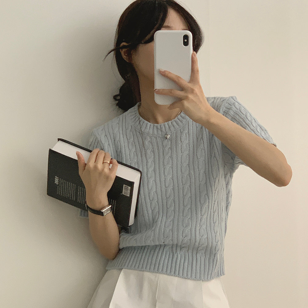 【現貨navy】韓製🇰🇷麻花圓領短袖針織衫