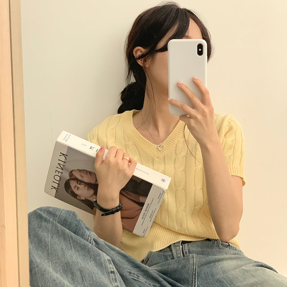 韓製🇰🇷V領麻花短袖針織衫