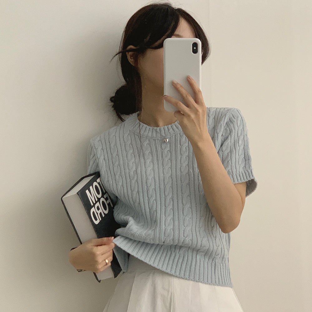 【現貨navy】韓製🇰🇷麻花圓領短袖針織衫