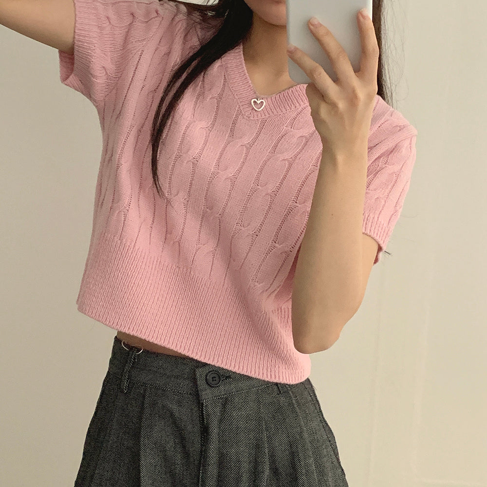 韓製🇰🇷V領麻花短袖針織衫