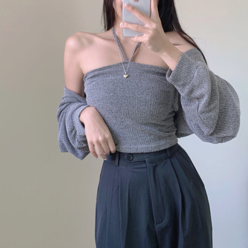 🥂掛脖背心 + 短款開衫兩件set