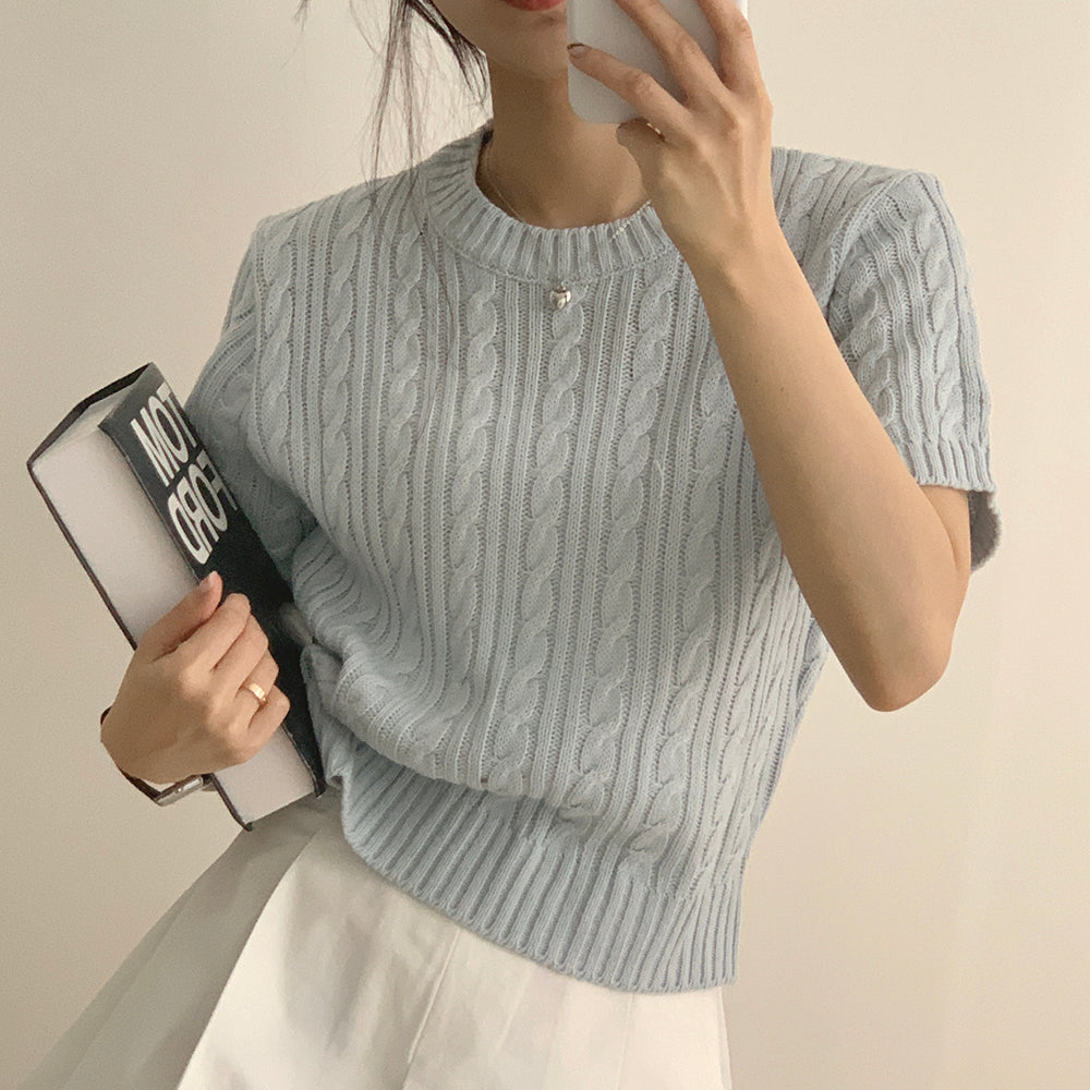 【現貨navy】韓製🇰🇷麻花圓領短袖針織衫
