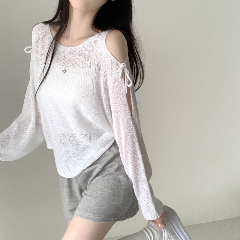 連線價🎀緞帶露肩寬鬆長袖針織衫