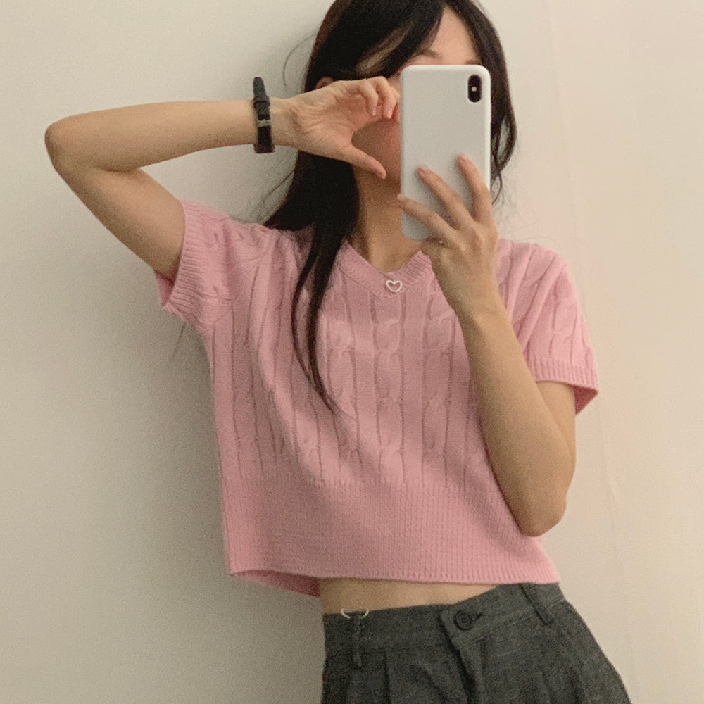 韓製🇰🇷V領麻花短袖針織衫