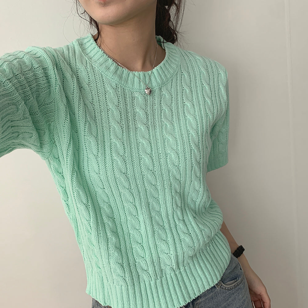 【現貨navy】韓製🇰🇷麻花圓領短袖針織衫