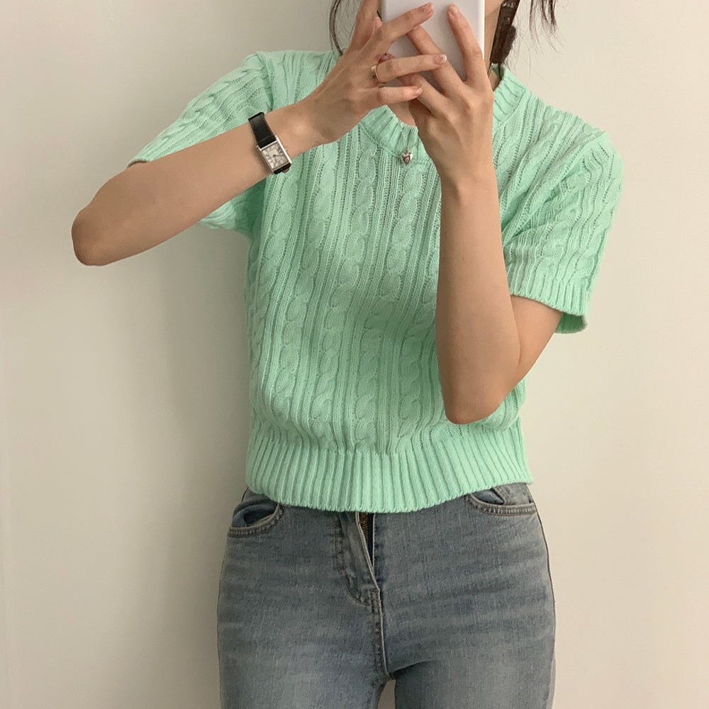 【現貨navy】韓製🇰🇷麻花圓領短袖針織衫