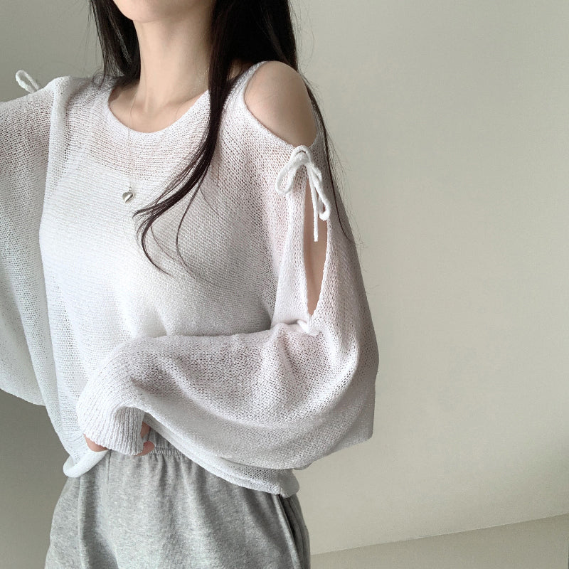 連線價🎀緞帶露肩寬鬆長袖針織衫
