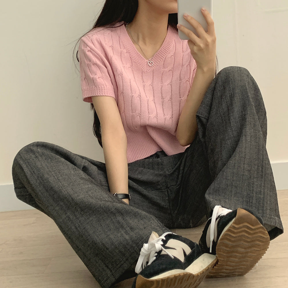 韓製🇰🇷V領麻花短袖針織衫