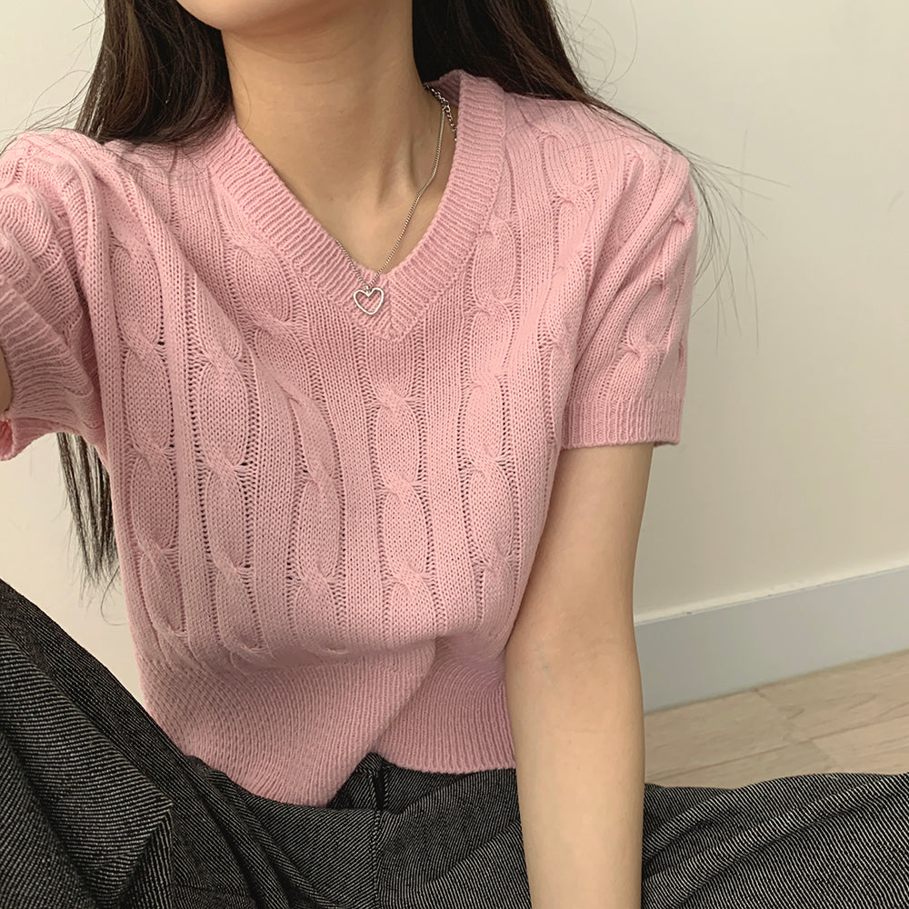 韓製🇰🇷V領麻花短袖針織衫