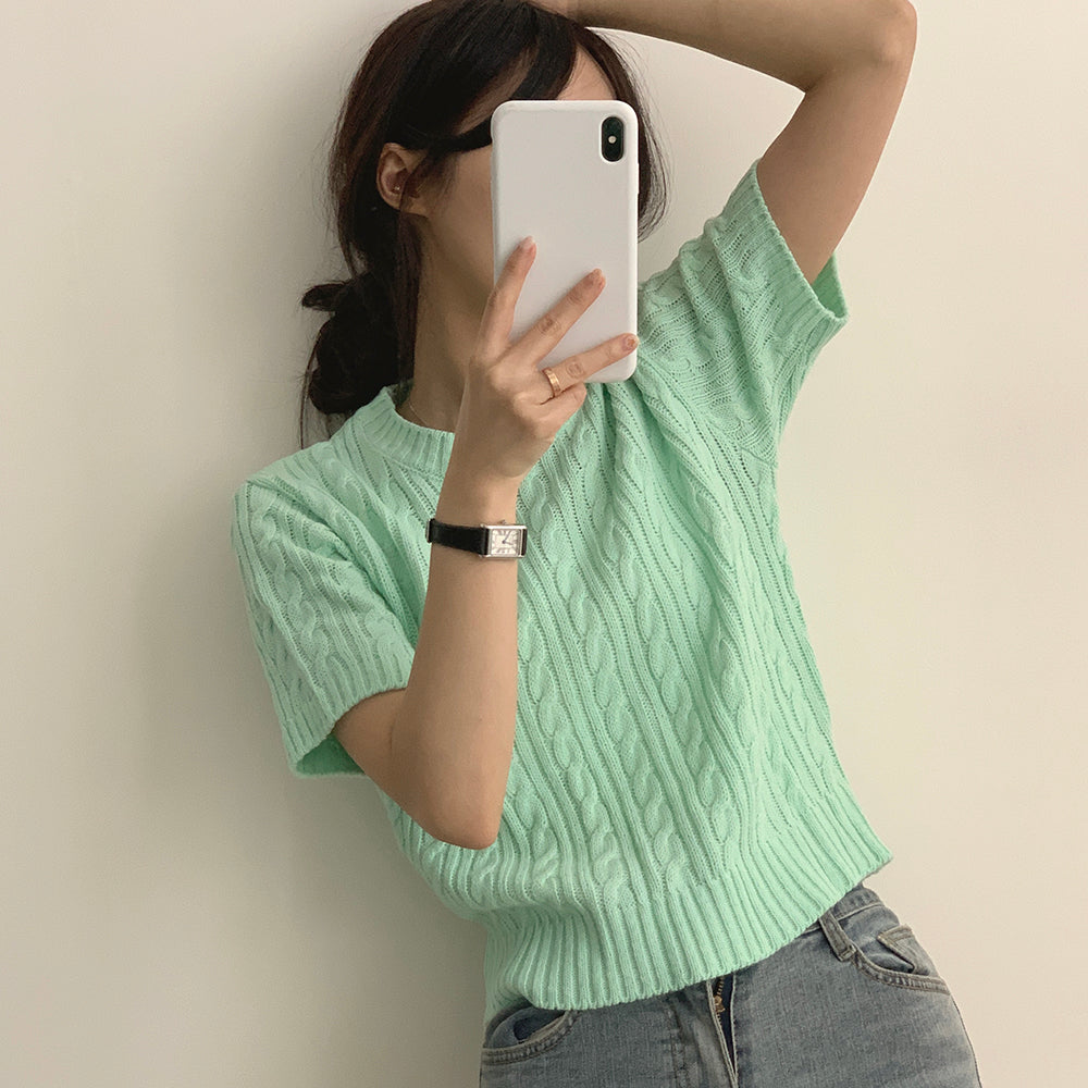【現貨navy】韓製🇰🇷麻花圓領短袖針織衫