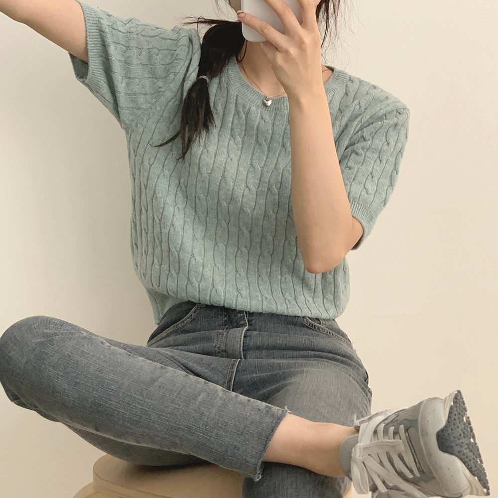 【現貨淺灰】🐑羊毛高質圓領麻花短袖針織衫