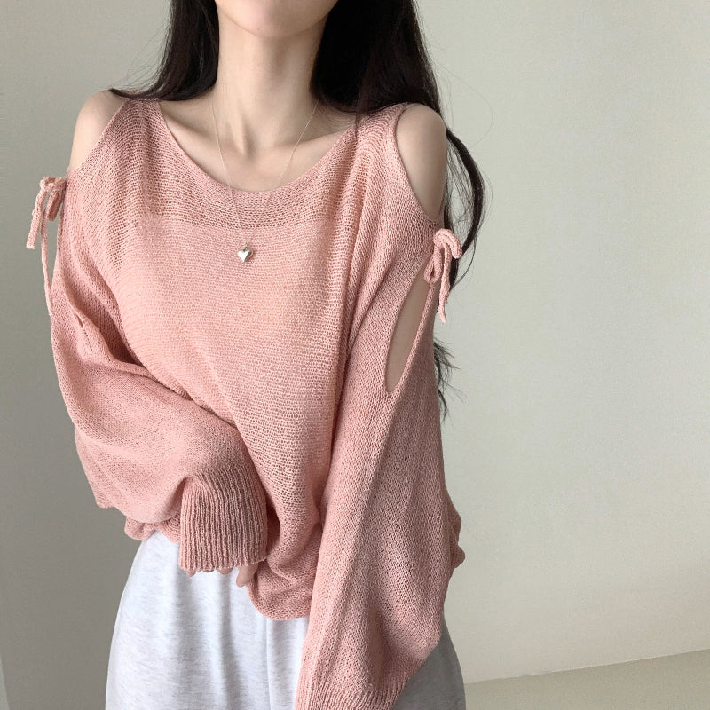 連線價🎀緞帶露肩寬鬆長袖針織衫