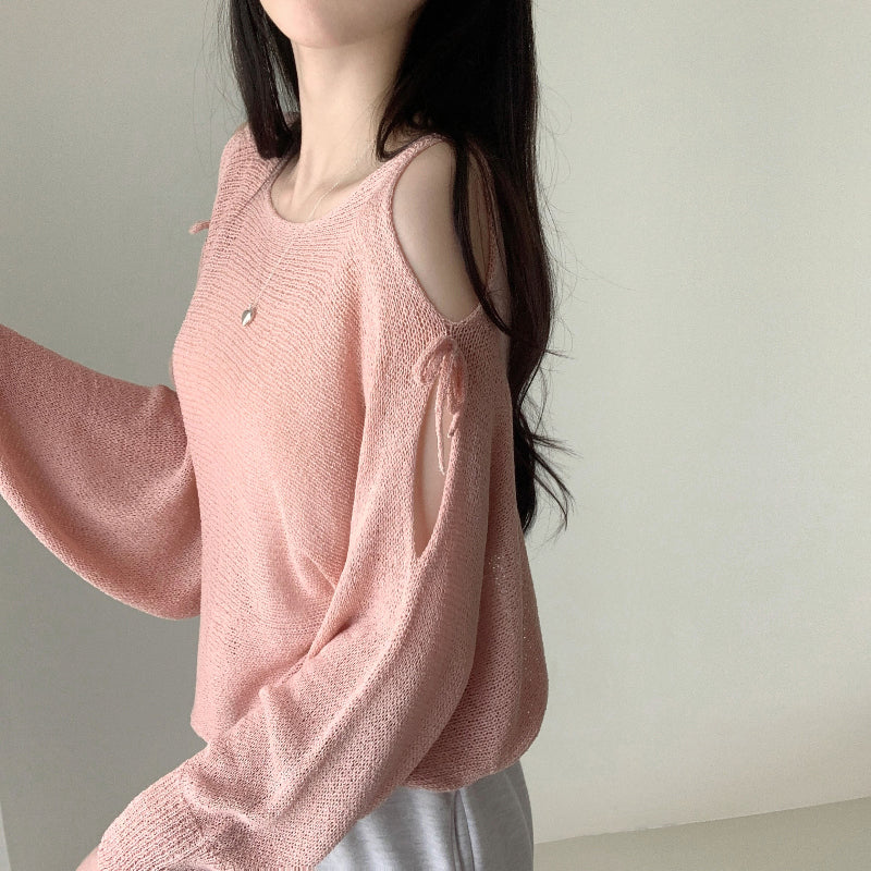 連線價🎀緞帶露肩寬鬆長袖針織衫