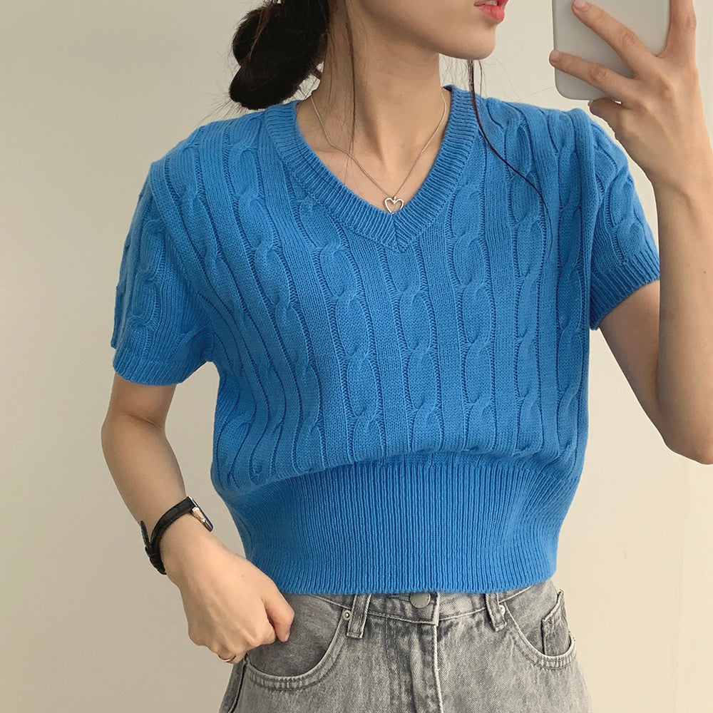 韓製🇰🇷V領麻花短袖針織衫