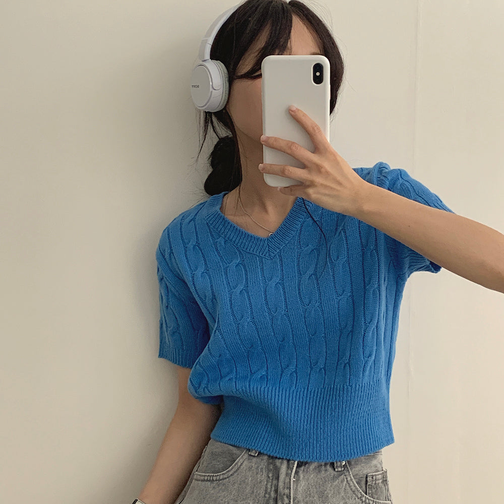 韓製🇰🇷V領麻花短袖針織衫