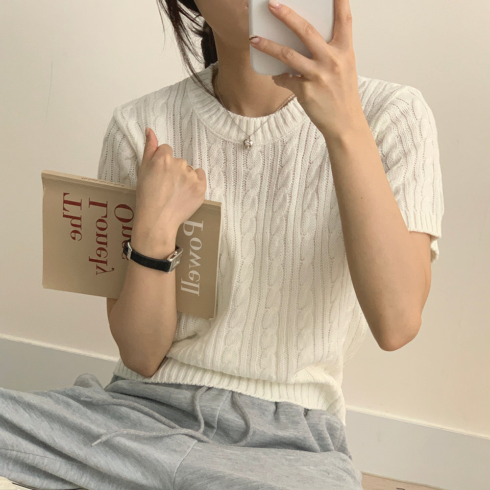 【現貨navy】韓製🇰🇷麻花圓領短袖針織衫