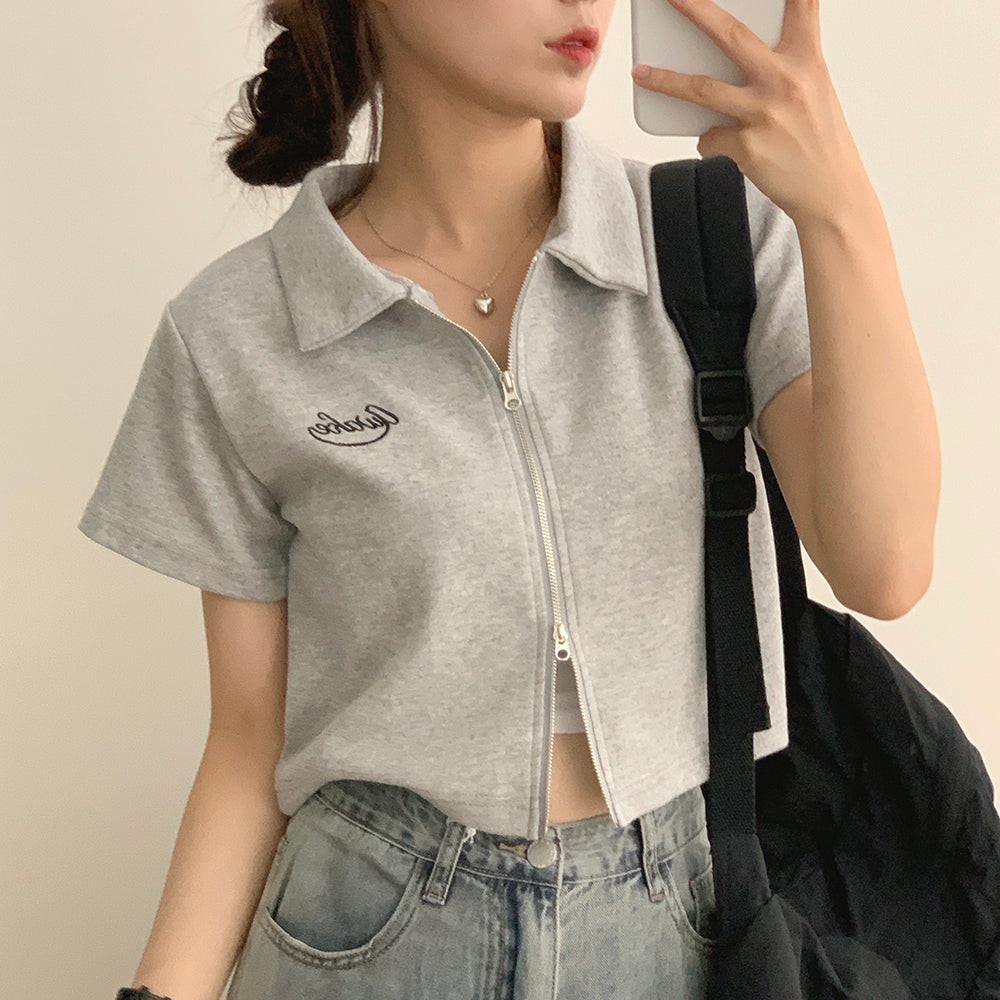 💗小刺繡雙向拉鍊短袖上衣