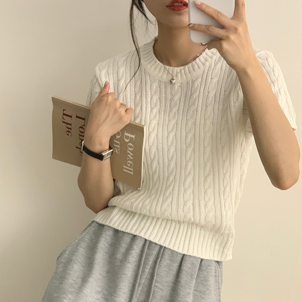 【現貨navy】韓製🇰🇷麻花圓領短袖針織衫