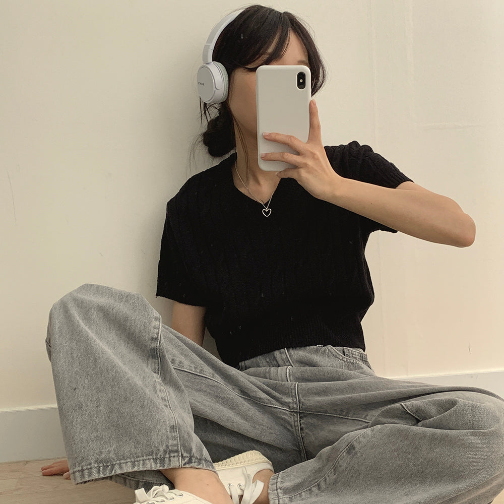 韓製🇰🇷V領麻花短袖針織衫