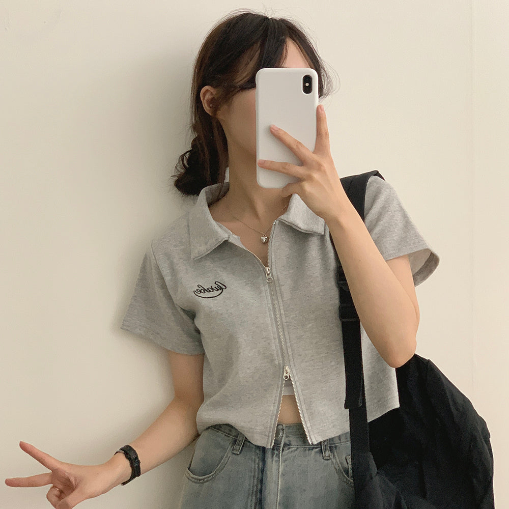 💗小刺繡雙向拉鍊短袖上衣