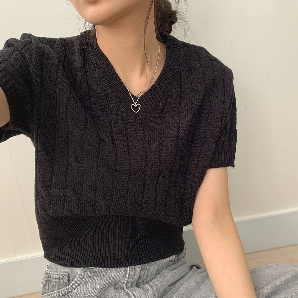 韓製🇰🇷V領麻花短袖針織衫