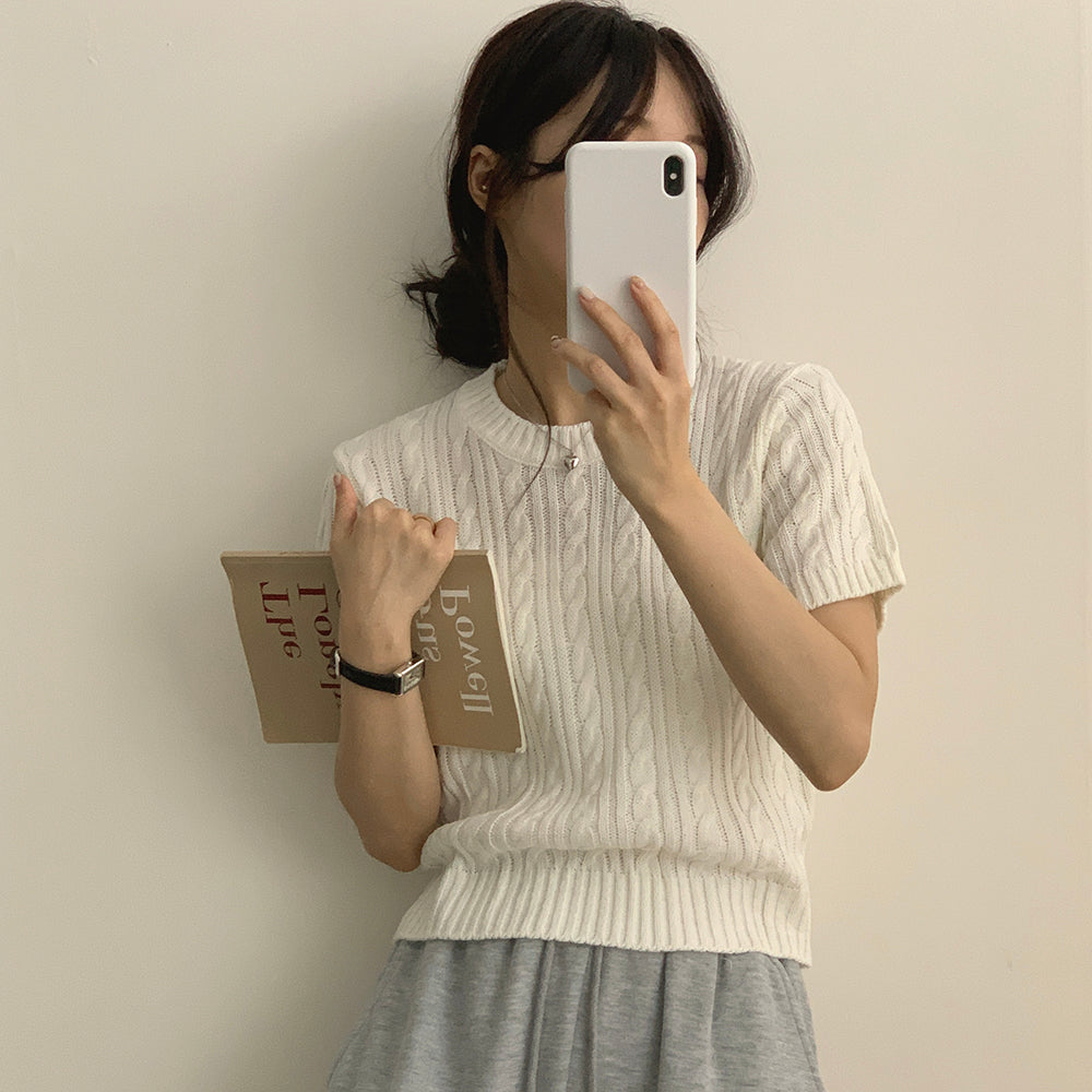 【現貨navy】韓製🇰🇷麻花圓領短袖針織衫