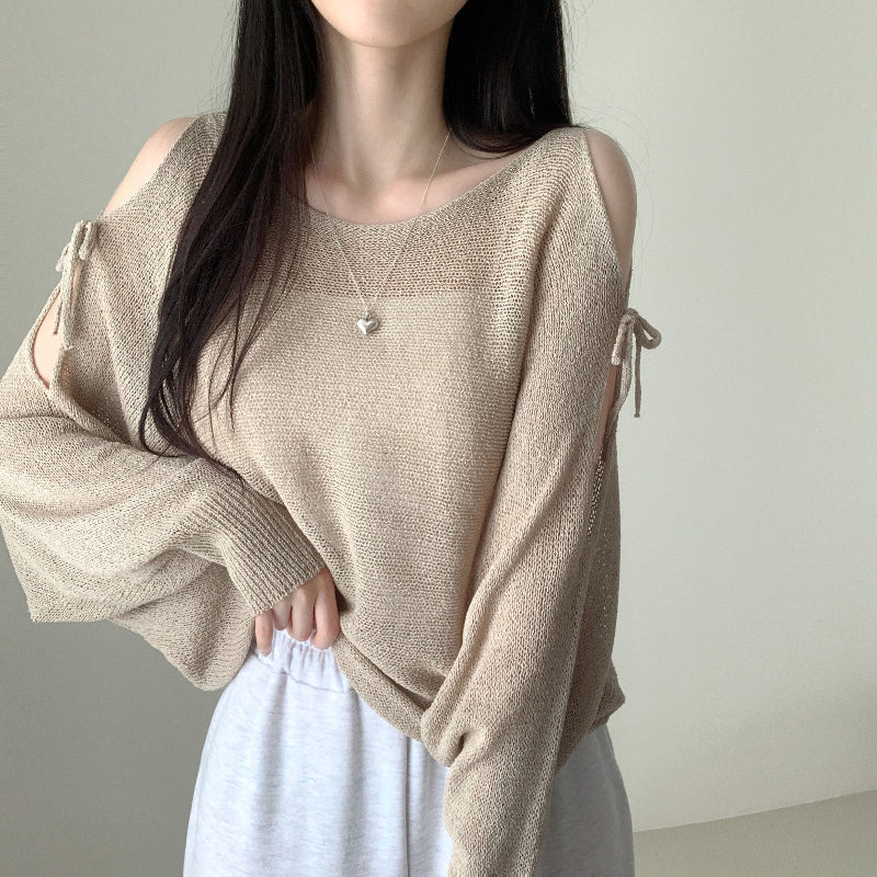 連線價🎀緞帶露肩寬鬆長袖針織衫