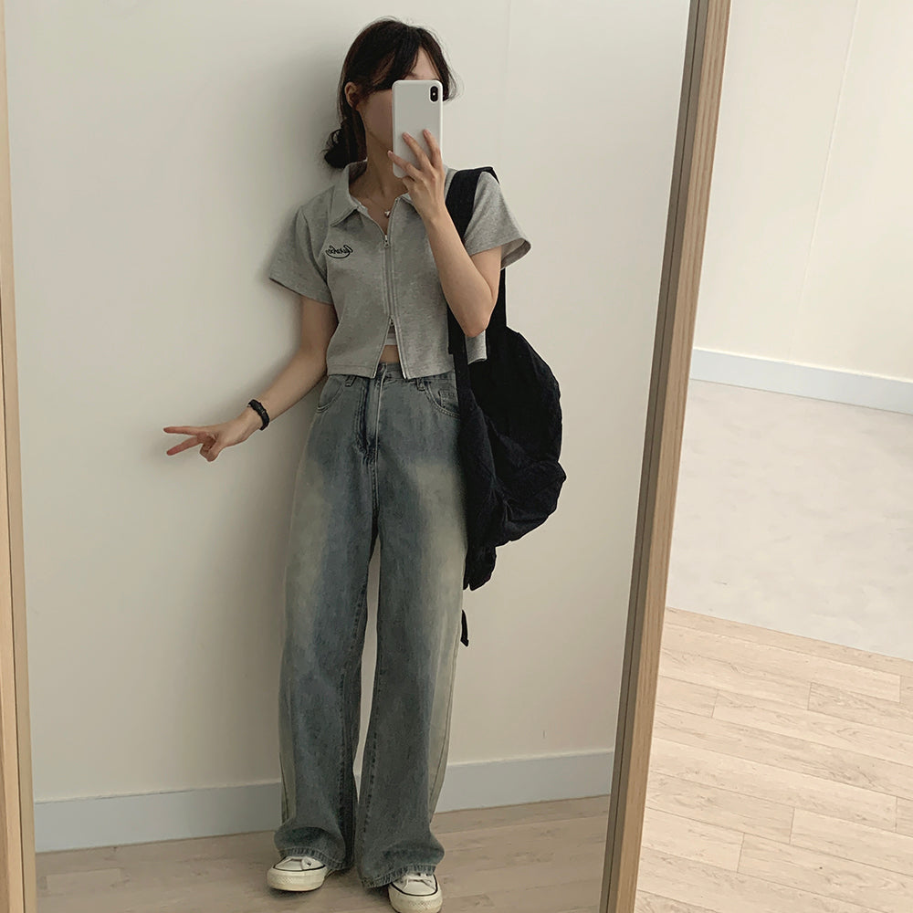 💗小刺繡雙向拉鍊短袖上衣