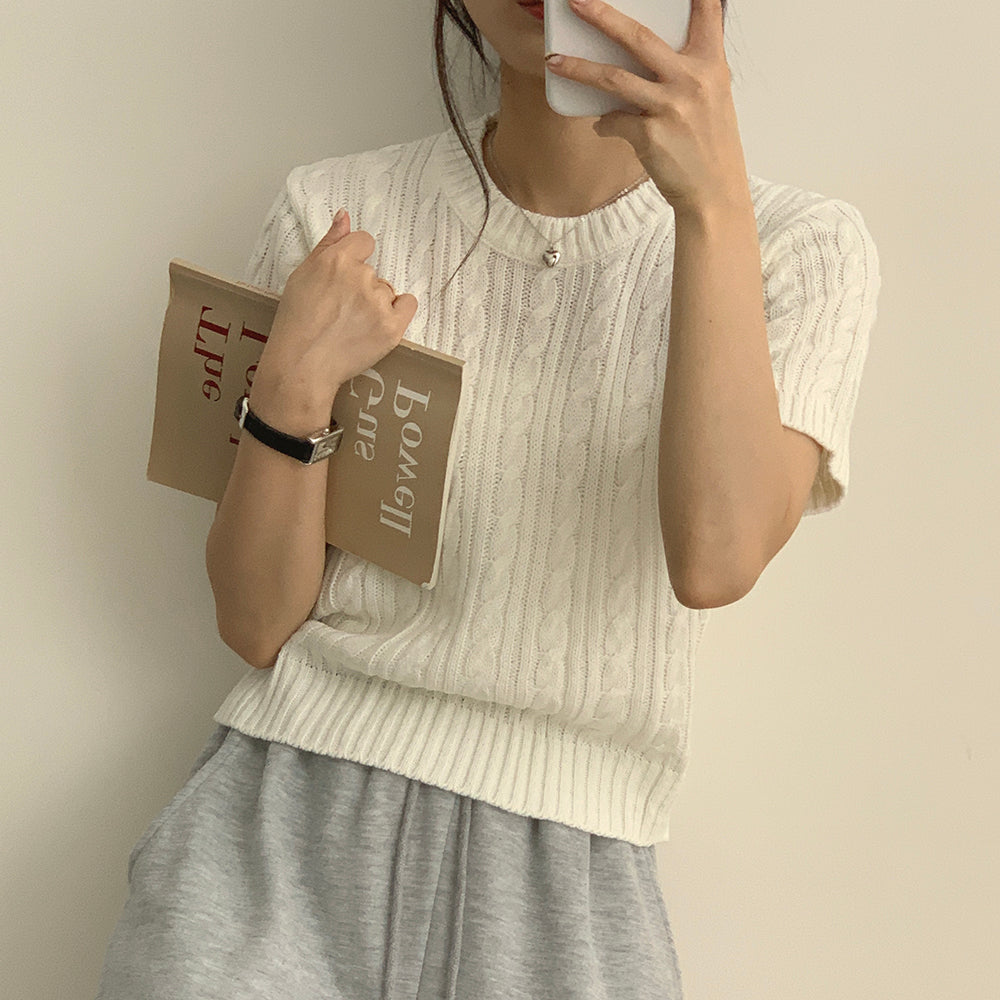 【現貨navy】韓製🇰🇷麻花圓領短袖針織衫