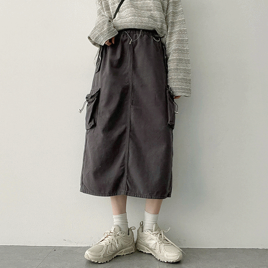 索繩口袋工裝長裙